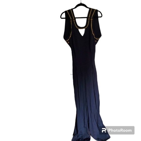 Rare Vintage 90s Deadstock Black Gold Button Open Back Wide Leg Jumpsuit - Picture 1 of 15